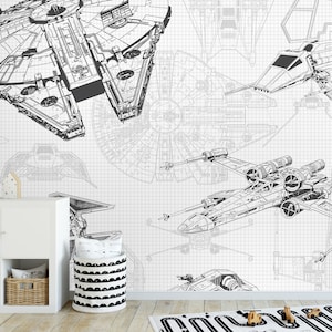 Avión de combate de dibujos animados Peel and Stick Wall Mural - Autoadhesivo Nursery Wall Art Kids Papel pintado extraíble para niño mural de pared negro y blanco