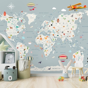 Weltkarte Wandbild, Kinder Weltkarte mit Tieren Tapeten, Kinderzimmer Wandkunst entfernbare Tapete selbstklebend Schälen und Aufkleben