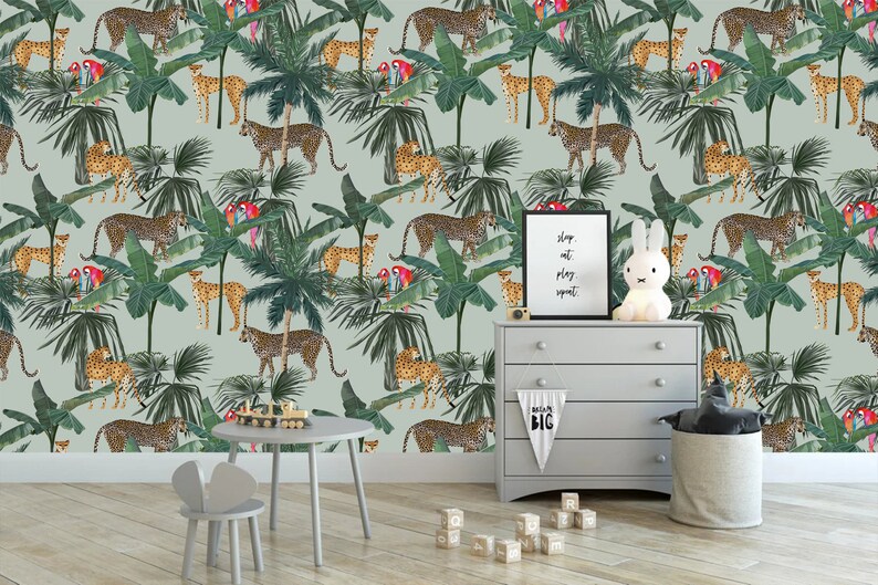 Tropical Jungle Animals Wallpaper Mural - Peel and Stick Kids Nursery ...