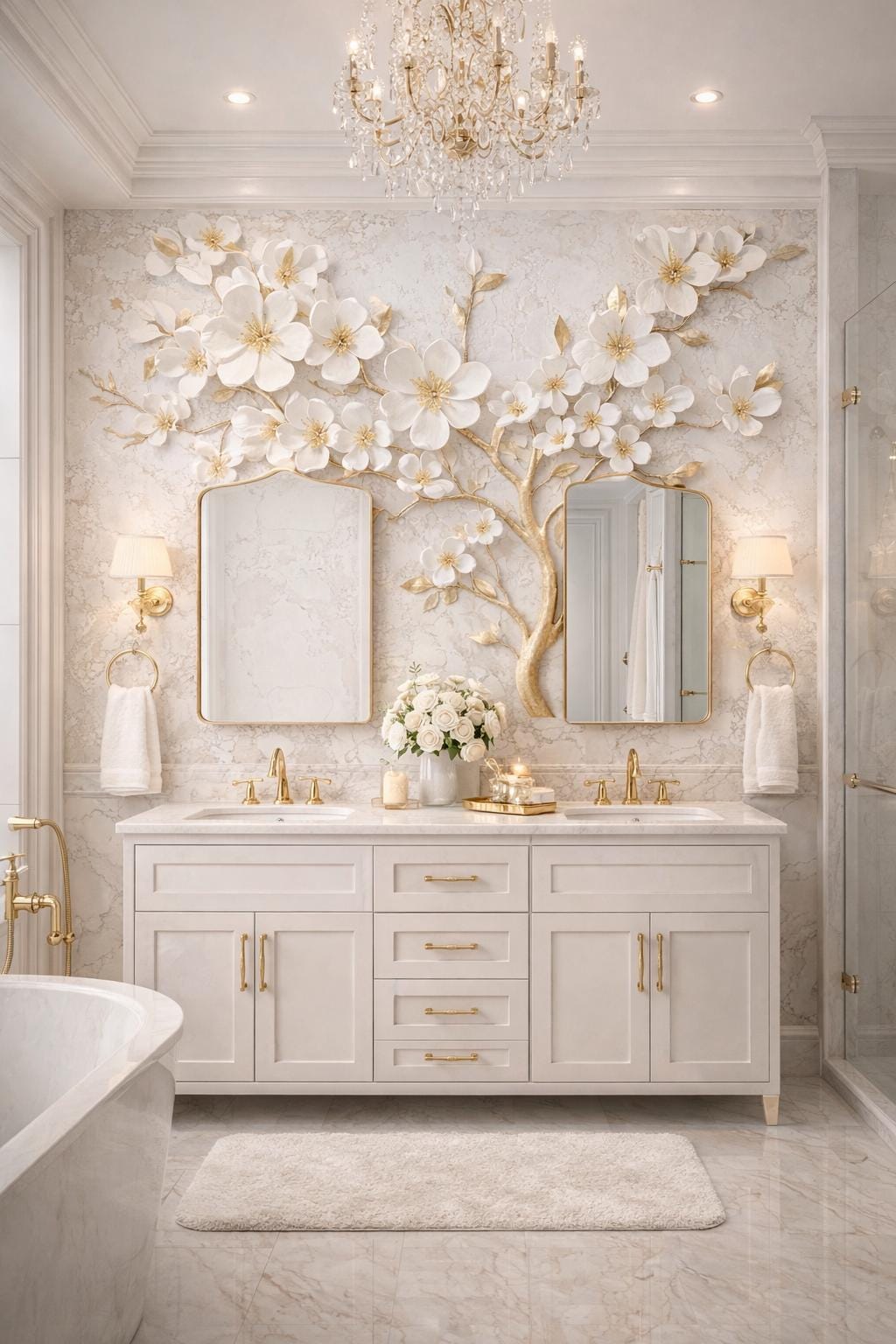 Luxury 3D Floral Wall Mural, White and Gold Flower Wallpaper, Elegant ...