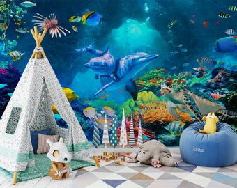 Coral Reef Wallpaper Mural: Tropical Fish, Dolphin, Peel and Stick