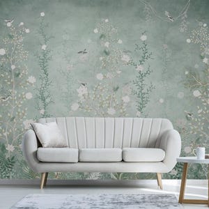 Tropical trees and leaves in foggy forest wallpaper Peel and Stick Wallpaper Mural Chinoiserie Nursery Removable Wallpaper - Self Adhesive