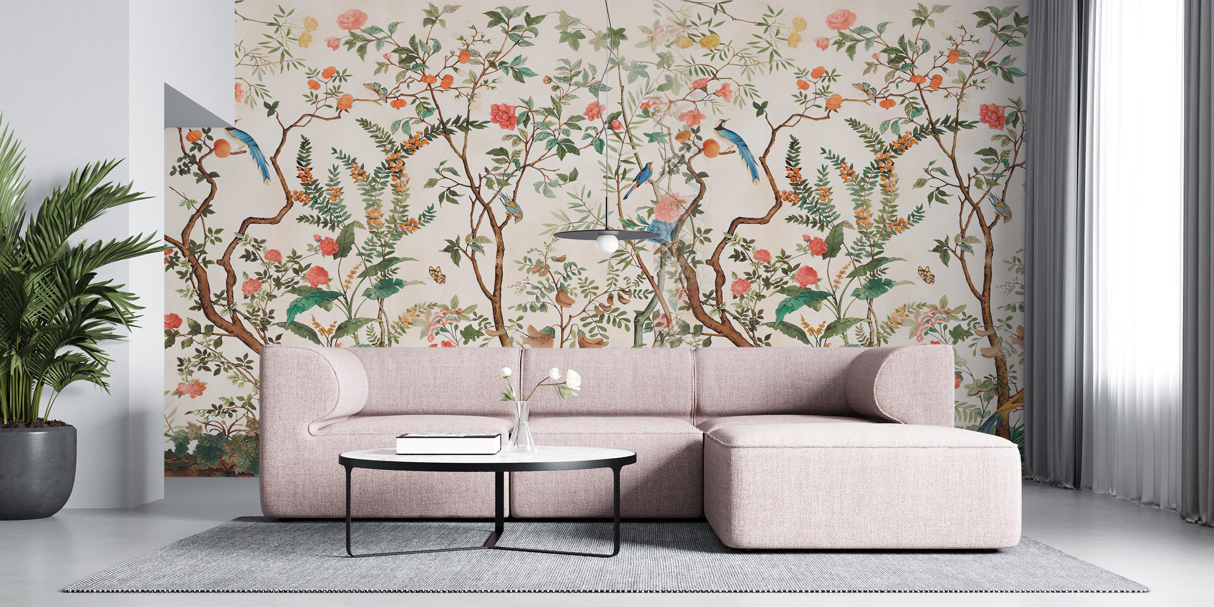 Chinoiserie Wallpaper: Pink Flowers, Birds, Vintage Botanic Wall Mural ...