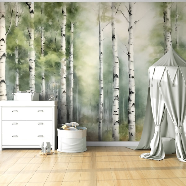 Papel de parede aquarela com floresta de bétulas: mural removível e adesivo