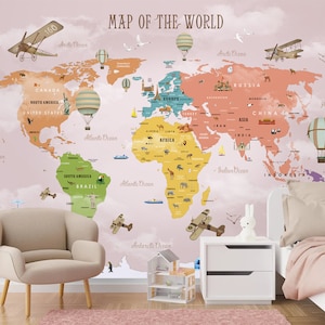 Weltkarte Weltkarte Wandbild, Karte mit Tier Tapete Kinderzimmer Wand Kunst abnehmbare selbstklebende Peel and Stick Cover Kinderzimmer