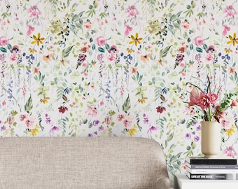 Akvarell blommig självhäftande tapet - Vildblomma barnrumsmålning