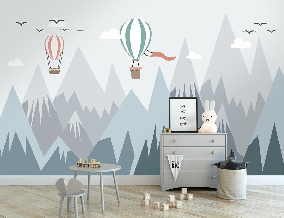 Mountain Hot Air Balloon Nursery Wallpaper Mural - Removable Fabric ...