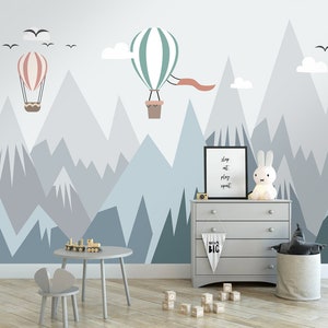 Mountain Hot Air Balloon Nursery Wallpaper Mural - Removable Fabric Peel and Stick