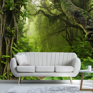 Enchanted Magical Forest Large Tropical jungle rainforest Wall Mural, Self-adhesive Fabric Wallpaper, Peel and Stick living room Wallpaper