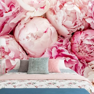 Pink peonies removable fabric wallpaper, peel and stick, self-adhesive wallpaper mural floral home decor,temporary wallpaper