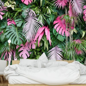 Grünes Tropisch rosa Blatt Peel and Stick Wand Wandbild - Selbstklebend Druck Palmmonstera Blatt Wandtattoo Abnehmbares Wandbild temporäres Wandpapier