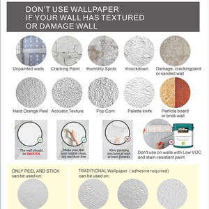 May include: Informational graphic detailing wall requirements for wallpaper application. It shows examples of unsuitable wall surfaces like textured, damaged, or painted walls. The text includes "DON'T USE WALLPAPER" and "ONLY PEEL AND STICK".