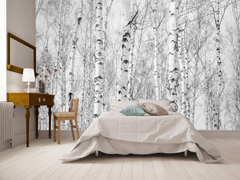 Birch Forest Wallpaper Mural: Black and White Fog, Peel and Stick - Etsy