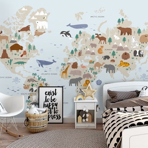 Weltkarte Weltkarte Wandbild, Tapete, niedliche Tiere Karte Kinderzimmer Wand Wandbild Wandbild selbstklebend Peel and Stick