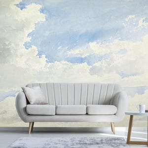 Blue Sky Watercolor Wallpaper - Vintage Cloudy Sky Wall Mural