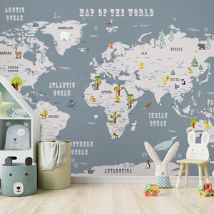 Welttiere-Karte-Wandbild, Kinderkarte der Welt-Tapete, Kinderzimmer-Wandkunst, abnehmbare Tapete, selbstklebend, abziehen und aufkleben
