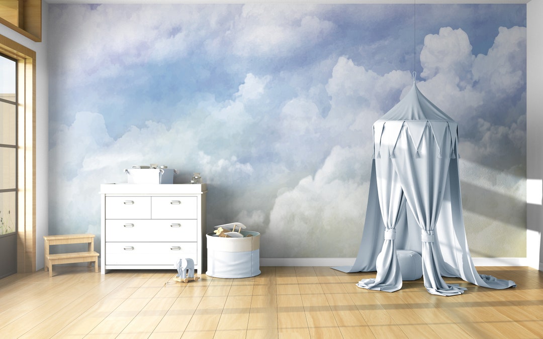 Watercolor White Clouds and Blue Sky Wallpaper Cloud Wall Mural Peel ...