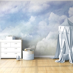 watercolor white clouds and blue sky Wallpaper cloud Wall Mural Peel and Stick Self Adhesive Nursery Wall Art Removable fabric wallpaper