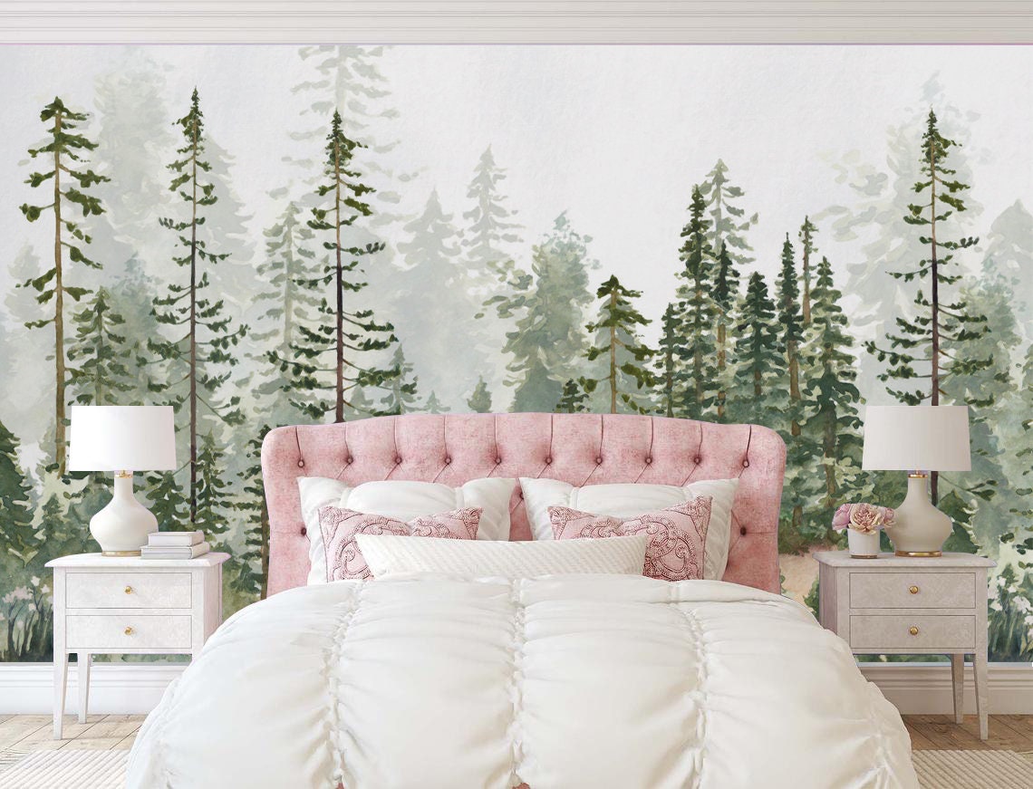 Woodland Pine Tree Forest Mural - Peel and Stick Wallpaper for Nursery ...