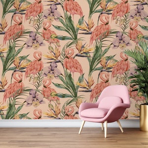 Tropical Flamingo Fabric Wallpaper: Peel and Stick Boho Nursery Wall