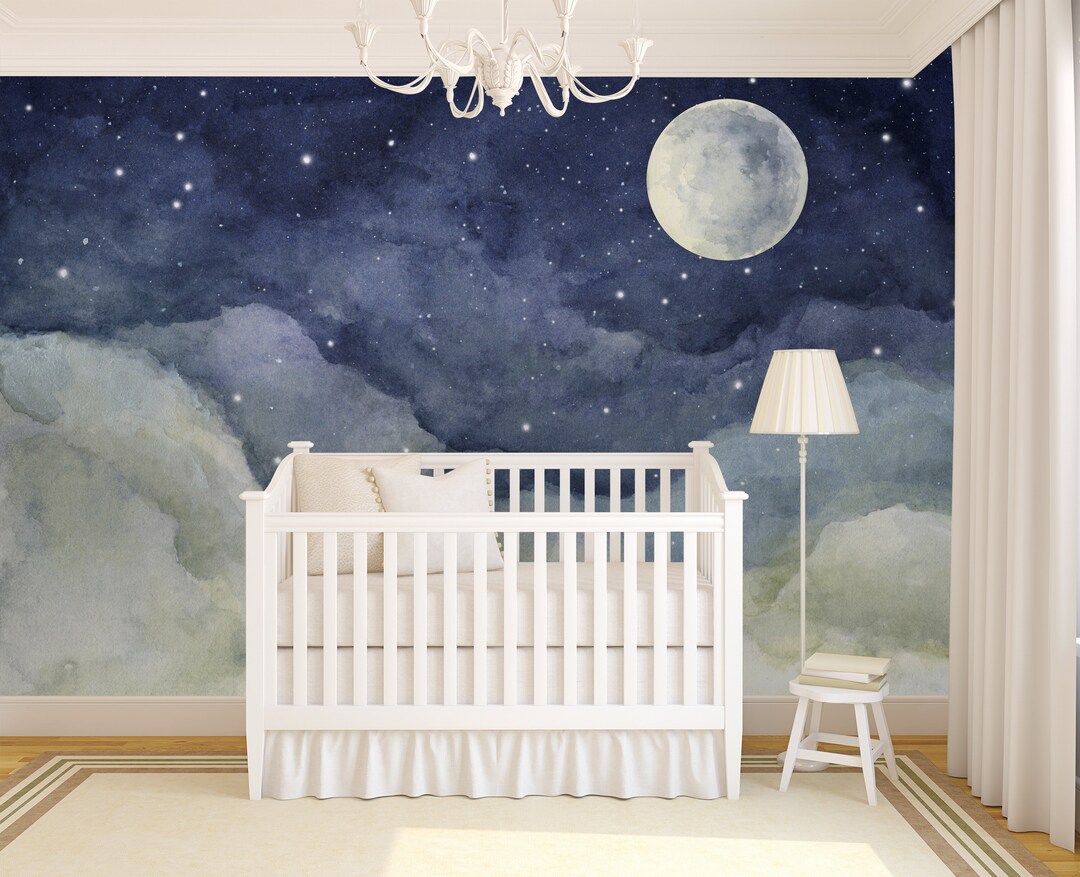 Cloudy Night Sky Wallpaper Mural: Moon Scape Peel and Stick Nursery ...