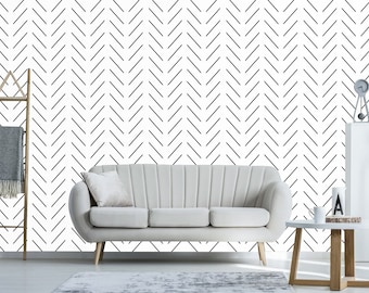Black and White Herringbone Wallpaper - Removable Peel and Stick Scandinavian Decor