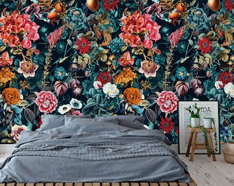 Dark Floral Wallpaper: Vintage Peel and Stick Wall Decor