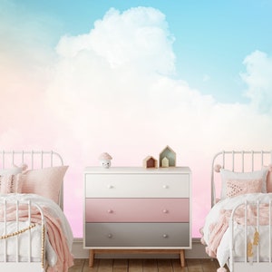 Pastel sky and cloud removable fabric wallpaper  soft clouds wall mural nursery wall decor wallpaper, peel and stick, self adhesive