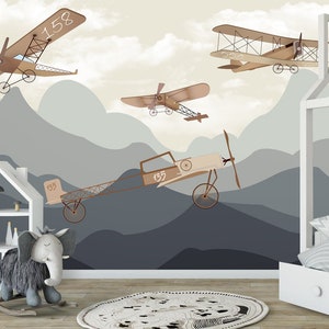 Biplano y montañas para papel tapiz de habitación infantil papel tapiz de tela removible Mural de pared para niños de dibujos animados Pelar y pegar papel tapiz autoadhesivo