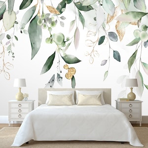 Watercolor Green Eucalyptus Leaves wallpaper Peel and Stick  Leaves and wall mural Bedroom Removable Fabric  Wallpaper