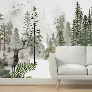 Woodland Nursery Mural: Pine Tree Forest, Deer - Peel & Stick Wallpaper