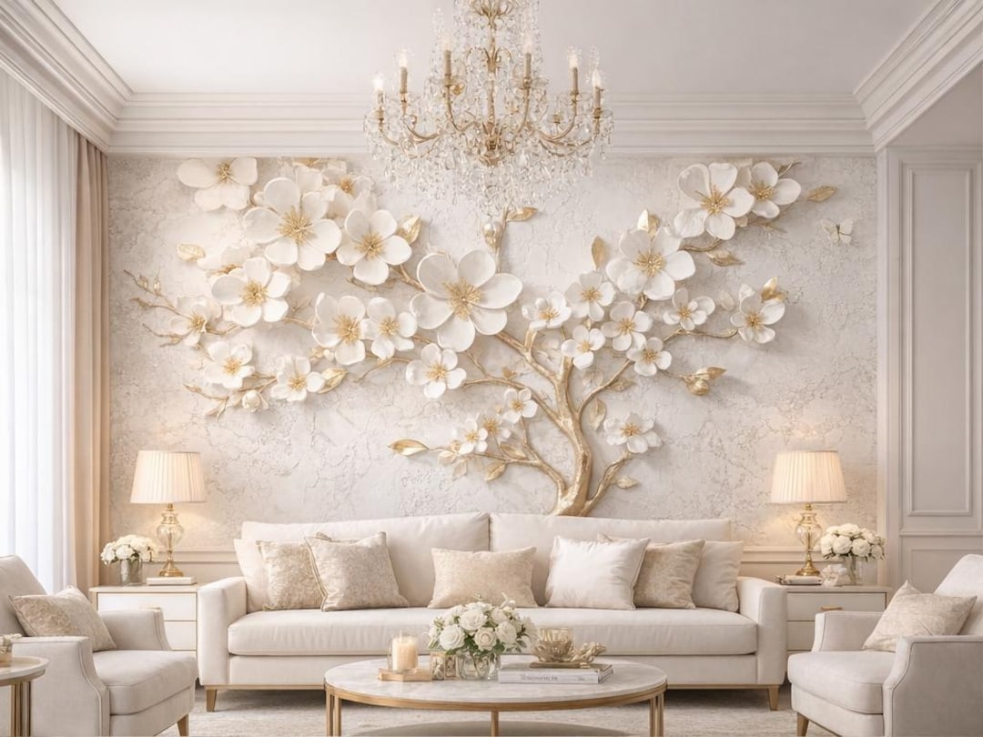 Luxury 3D Floral Wall Mural, White and Gold Flower Wallpaper, Elegant ...