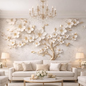 May include: A luxurious living room with a cream-colored sofa, armchairs, and a round coffee table. The focal point is a wall adorned with large, white, 3D floral art with gold accents. A crystal chandelier hangs above, and two lamps flank the sofa.