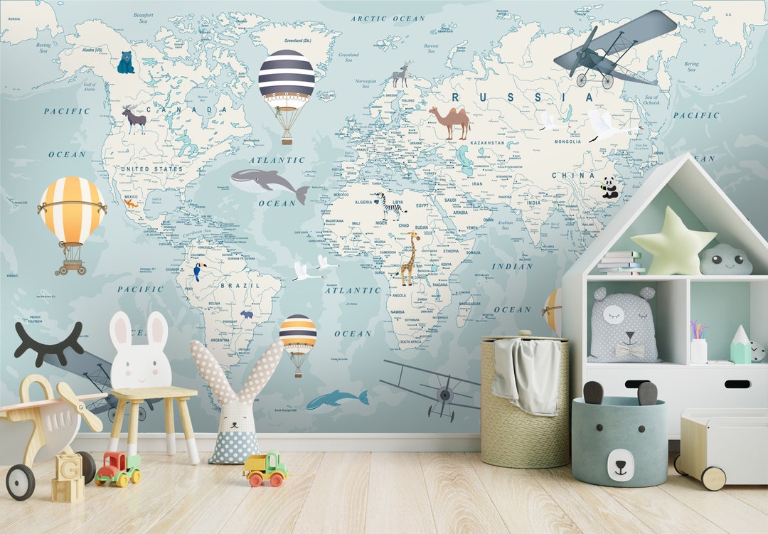 Animal World Map Wall Mural , Kids Room Wallpaper, Nursery Wall Art