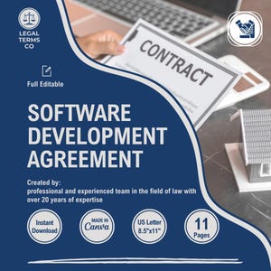 May include: A blue and white graphic with the text "SOFTWARE DEVELOPMENT AGREEMENT" in white text. The graphic also includes the text "CONTRACT" in white text on a white piece of paper. The graphic also includes the text "Created by: professional and experienced team in the field of law with over 20 years of expertise" in white text. The graphic also includes the text "Instant Download", "MADE IN Canva", "US Letter 8.5"x11"", and "11 Pages" in white text.