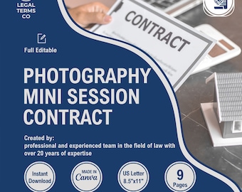 Puede incluir: Un gráfico azul y blanco con el texto "Photography Mini Session Contract" en blanco. El gráfico también incluye el texto "Legal Terms Co" y "Full Editable". El gráfico está diseñado para un contrato de fotografía.