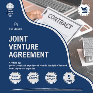 May include: A blue and white graphic with the text "JOINT VENTURE AGREEMENT" in white. The graphic also includes the text "Created by: professional and experienced team in the field of law with over 20 years of expertise". The graphic also includes the text "Instant Download", "MADE IN Canva", "US Letter 8.5"x11"", and "9 Pages".