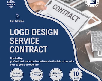 May include: Blue and white graphic with the text "LEGAL TERMS CO" and a scale of justice icon. The text "LOGO DESIGN SERVICE CONTRACT" is in large white font. The text "Created by: professional and experienced team in the field of law with over 20 years of expertise" is in smaller white font. The text "Full Editable" is in white font. The text "Instant Download" is in white font within a blue circle. The text "MADE IN Canva" is in white font within a blue circle. The text "US Letter 8.5"x11" is in white font within a blue circle. The text "10 Pages" is in white font within a blue circle. The image also includes a hand holding a document with the word "CONTRACT" in large white font.