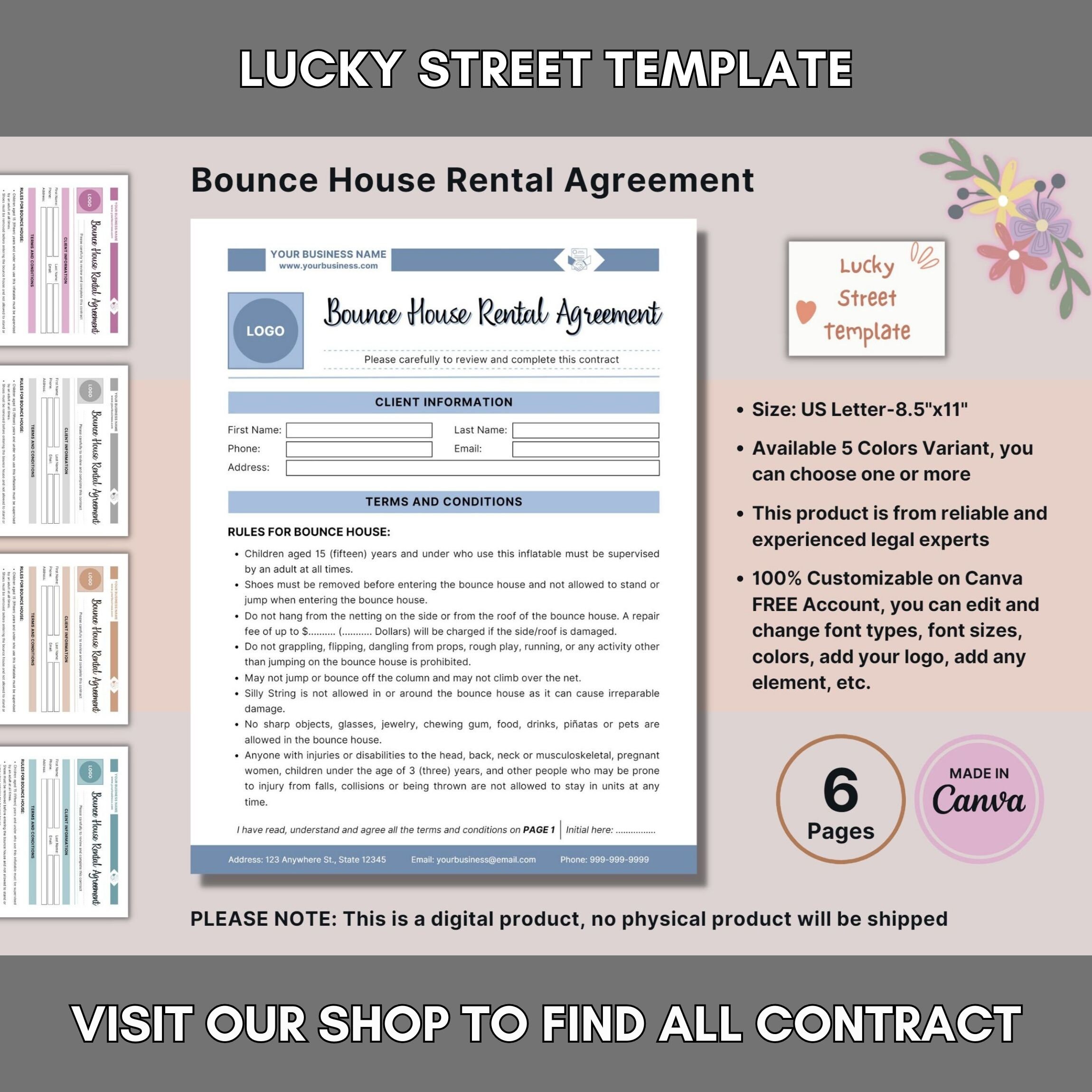 Bounce House Rental Agreement 6 Page DIY Editable Canva Etsy