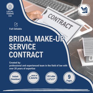 Può includere: Una grafica blu e bianca con il testo "BRIDAL MAKE-UP SERVICE CONTRACT" in testo bianco. La grafica include anche il testo "Creato da: un team professionale ed esperto nel campo del diritto con oltre 20 anni di esperienza". La grafica include anche il testo "Download immediato", "MADE IN Canva", "US Letter 8.5"x11"" e "9 Pagine".