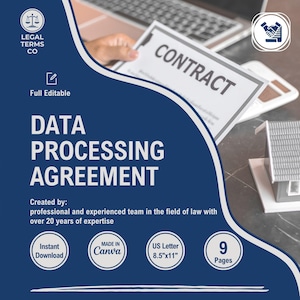 May include: A blue and white graphic with the text "DATA PROCESSING AGREEMENT" in white. The graphic also includes the text "CONTRACT" in white on a white piece of paper, a small house model, and the text "LEGAL TERMS CO" in white on a blue and white scale icon.