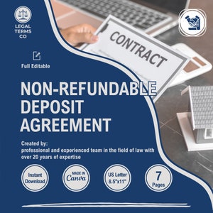 Pode incluir: Um gráfico azul e branco com o texto "NON-REFUNDABLE DEPOSIT AGREEMENT" em texto branco. O gráfico também inclui o texto "CONTRACT" em texto branco em uma folha de papel branca. O gráfico também inclui o texto "Criado por: uma equipe profissional e experiente no campo do direito com mais de 20 anos de experiência" em texto branco. O gráfico também inclui o texto "Download instantâneo", "MADE IN Canva", "US Letter 8.5"x11"" e "7 Páginas" em texto branco sobre círculos azuis.