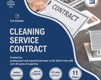 Puede incluir: Un gráfico azul y blanco con el texto "Cleaning Service Contract" en blanco. El gráfico también incluye el texto "Creado por: un equipo profesional y experimentado en el campo del derecho con más de 20 años de experiencia". El gráfico también incluye el texto "Descarga instantánea", "Hecho en Canva", "US Letter 8.5"x11"" y "11 páginas".