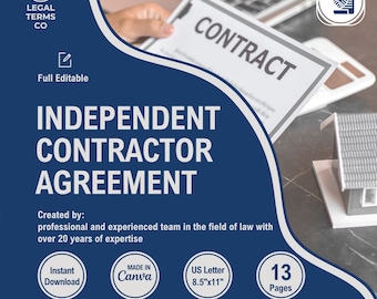 Puede incluir: Un gráfico azul marino con el texto "INDEPENDENT CONTRACTOR AGREEMENT". La imagen incluye el logotipo de Legal Terms Co., un documento etiquetado como "CONTRACT" e iconos para descarga instantánea, Canva, tamaño US Letter y 13 páginas.