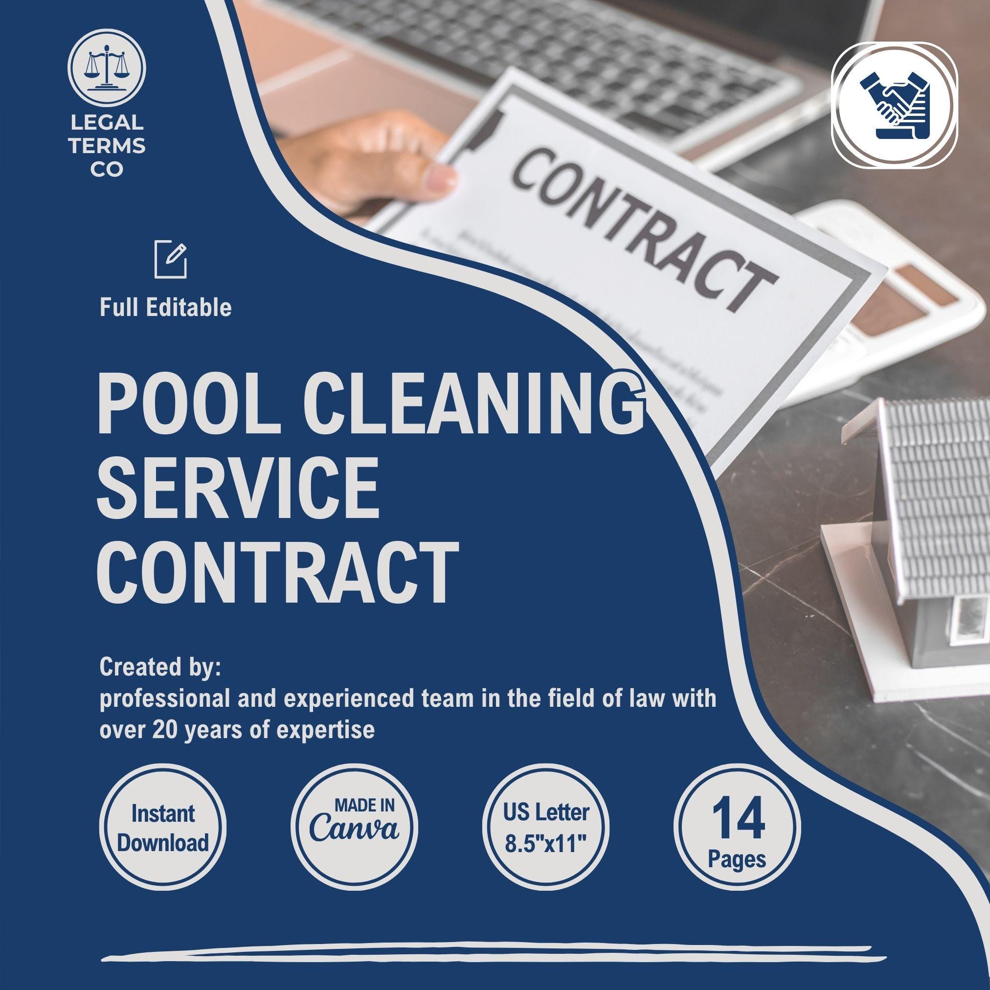 Pool Cleaning Service Contract Template, Customizable Pool Care Agreement, Editable Pool Safety Terms, Swimming Pool Cleaning, Pool Cleaner