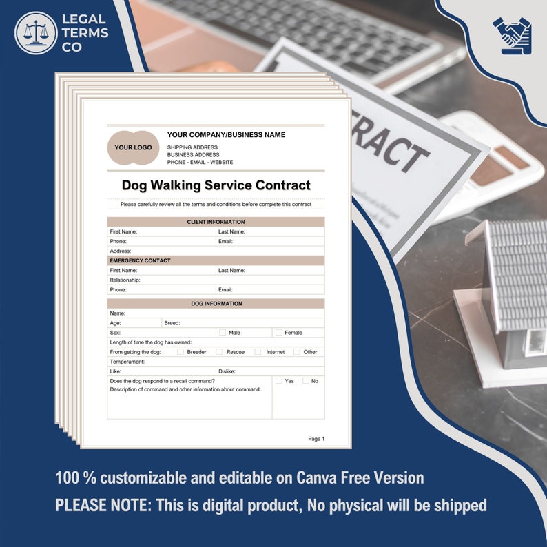Dog Walking Service Contract Template, Dog Walker Agreement, Pet