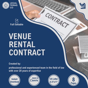 Puede incluir: Un gráfico azul y blanco con el texto "Venue Rental Contract" en blanco. El gráfico también incluye el texto "Creado por: un equipo profesional y experimentado en el campo del derecho con más de 20 años de experiencia". El gráfico también incluye el texto "Descarga instantánea", "Hecho en Canva", "US Letter 8.5"x11"" y "8 páginas".