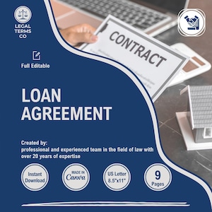 Loan Agreement Template, Customizable Loan Contract, Editable Personal Loan terms, Money Lending Forms, Debt Lending Policy, Lender Accept