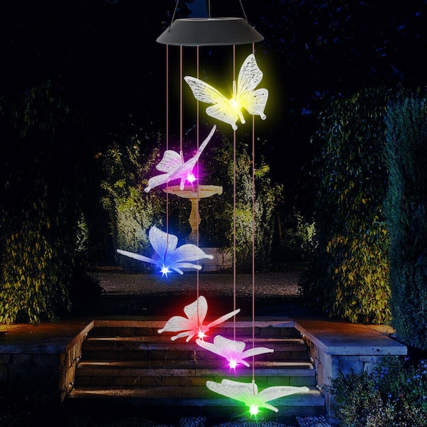 Solar Color Changing LED Large Butterfly Wind Chimes Home Garden Decor Light
