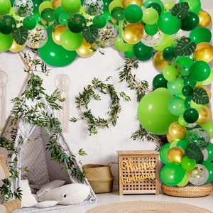 159pcs Jungle Balloon Garland Arch Kit, Gold Lime Green Balloons Decoration with Artificial Turtle Leafs